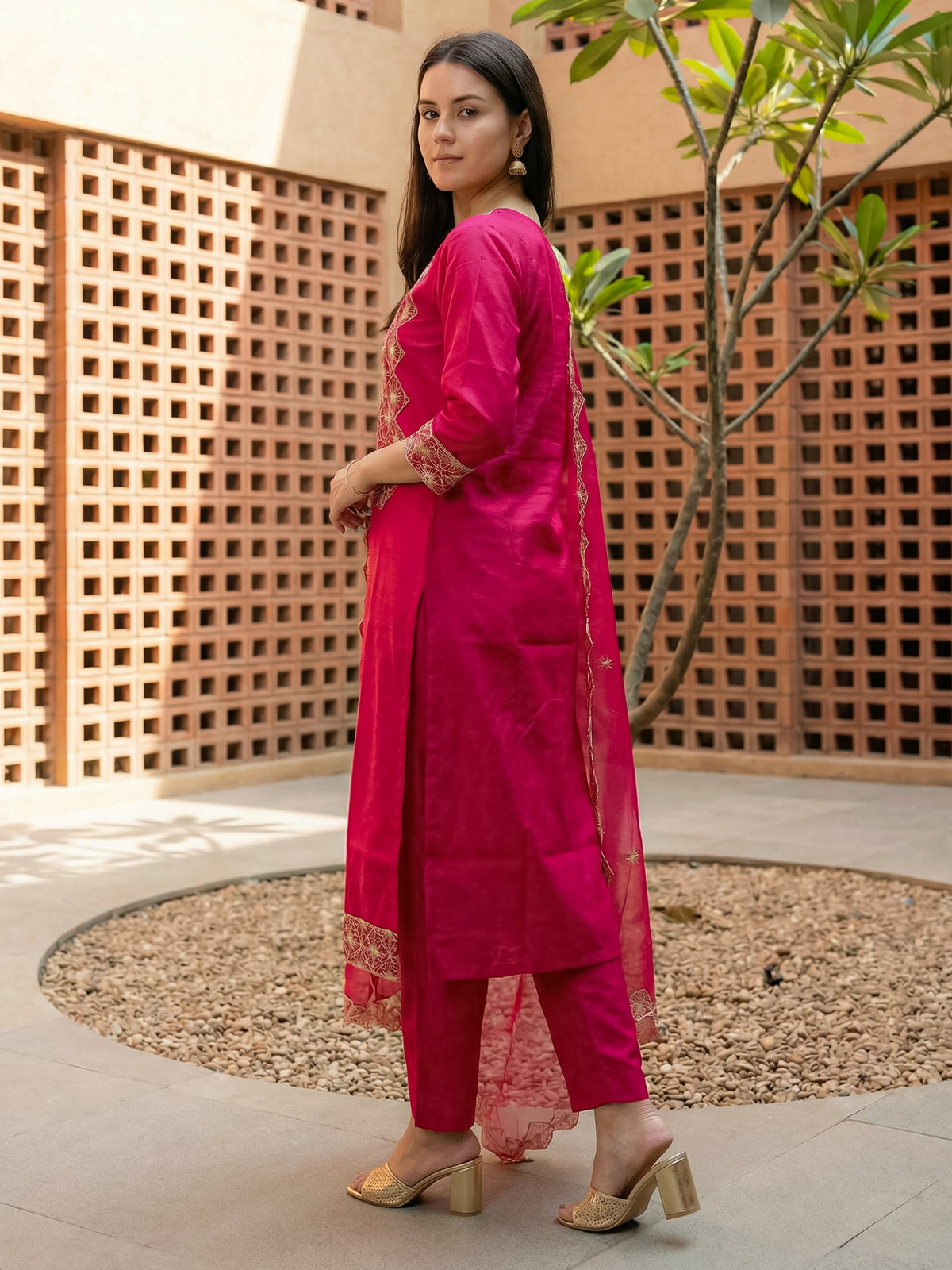 Pink Embroidered Straight Kurta Trousers With Dupatta Set-KH9RP12416