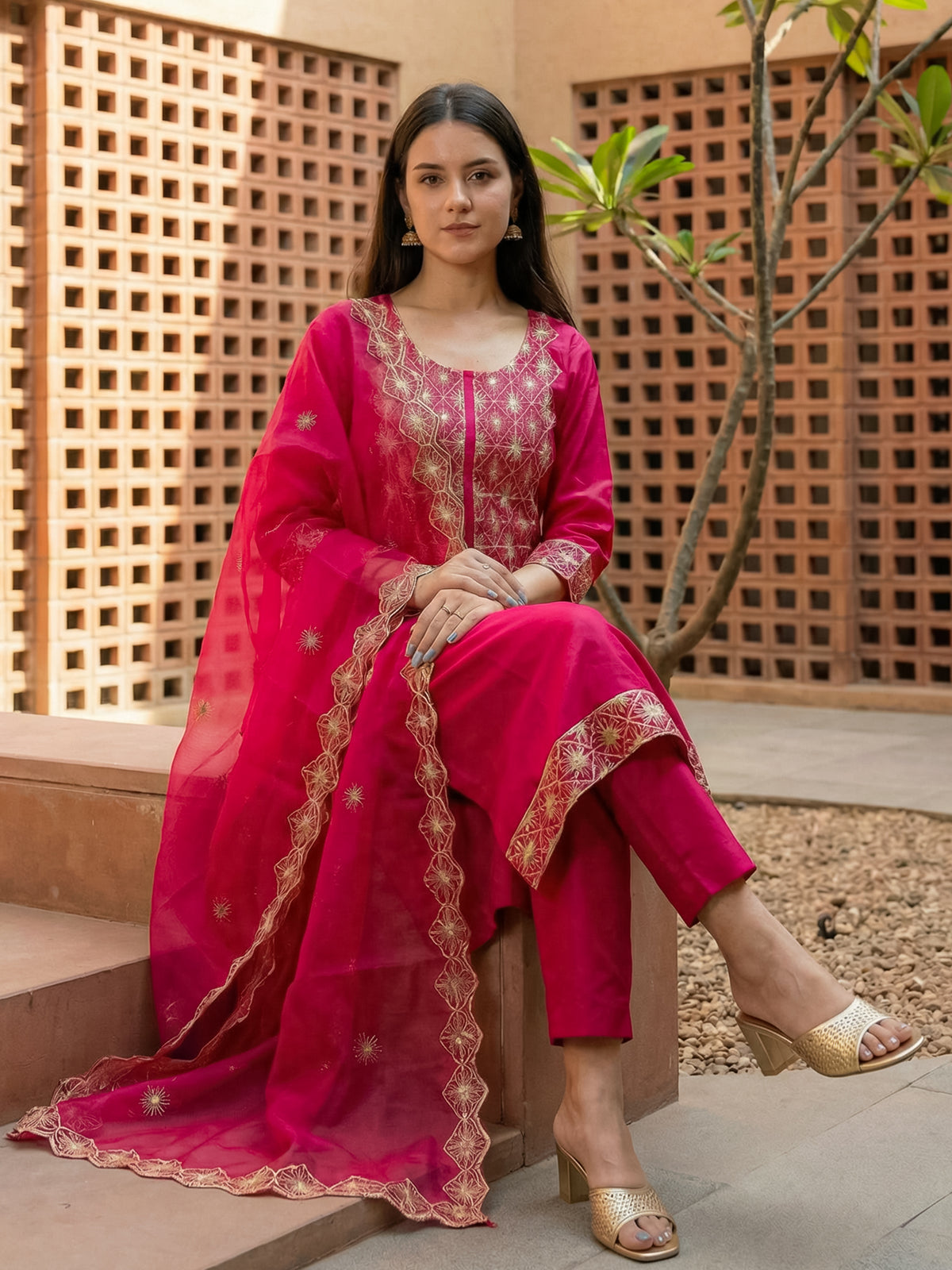 Pink Embroidered Straight Kurta Trousers With Dupatta Set-KH9RP12416