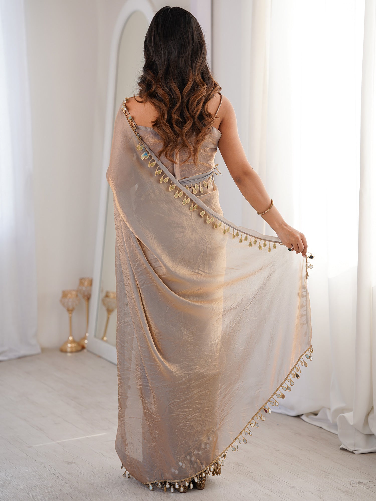 Women's Satin Metallic Embellished Designer Saree With Blouse Piece