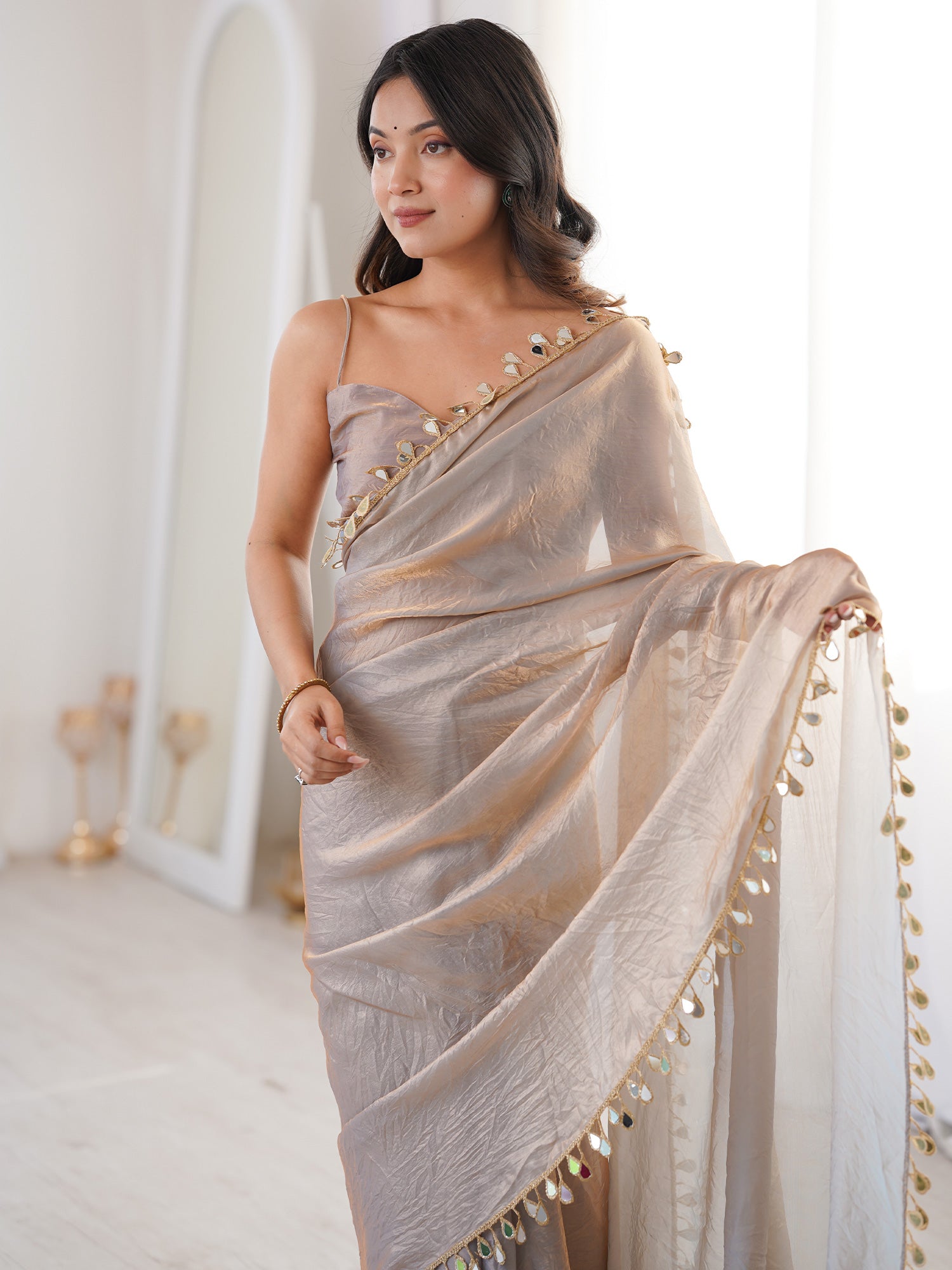 Women's Satin Metallic Embellished Designer Saree With Blouse Piece