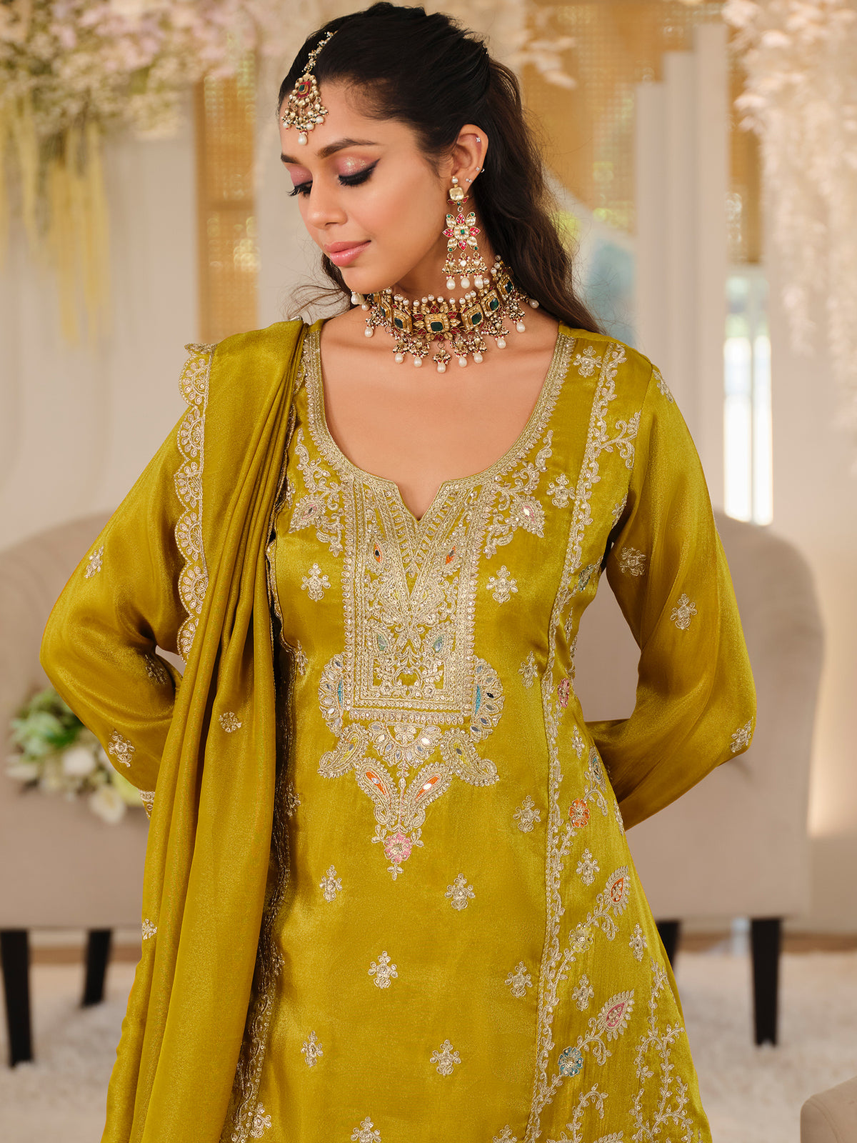 Mustard Embroidered A-Line Kurta Palazzos With Dupatta Set-ST9KH269