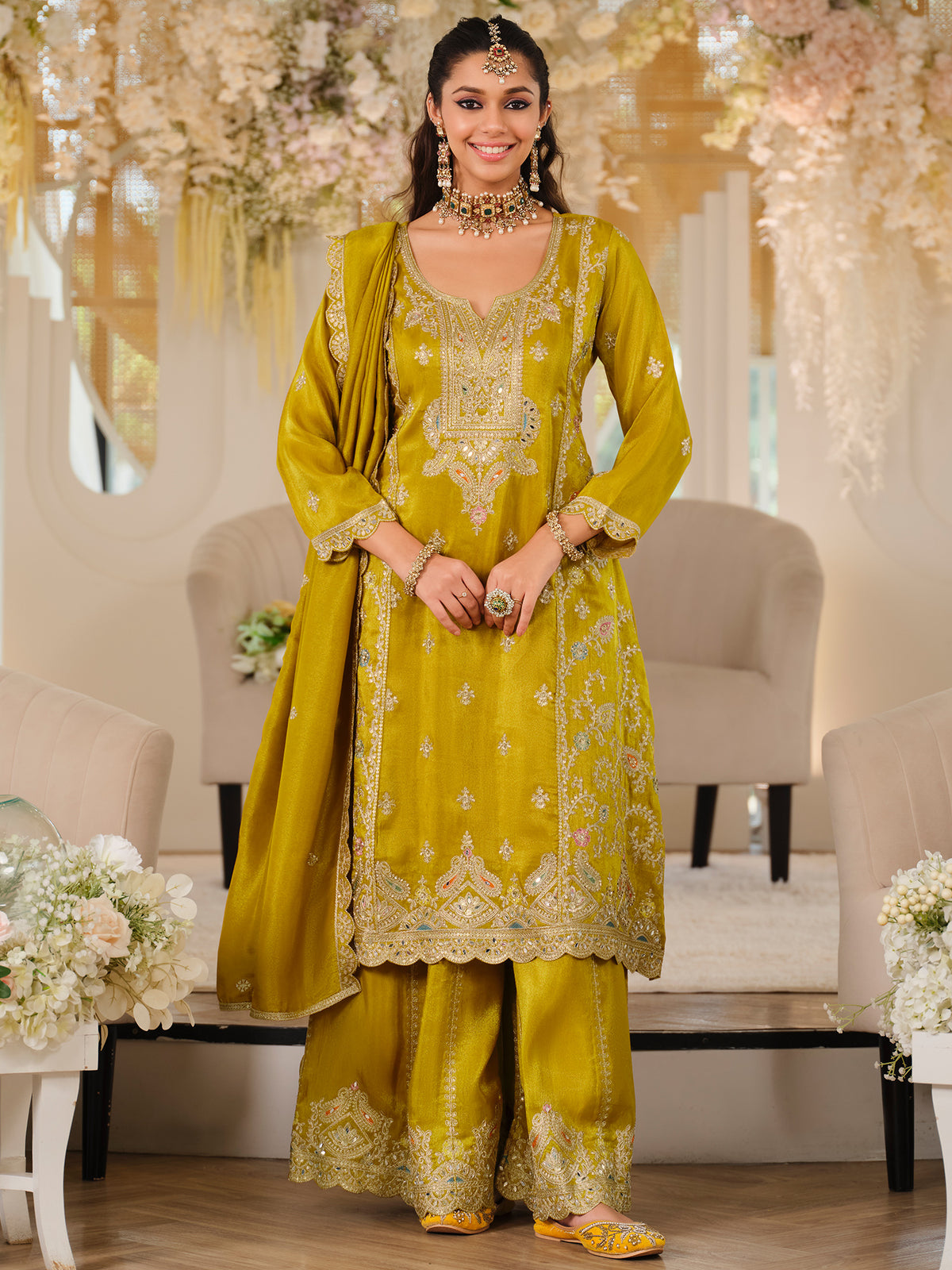 Mustard Embroidered A-Line Kurta Palazzos With Dupatta Set-ST9KH269