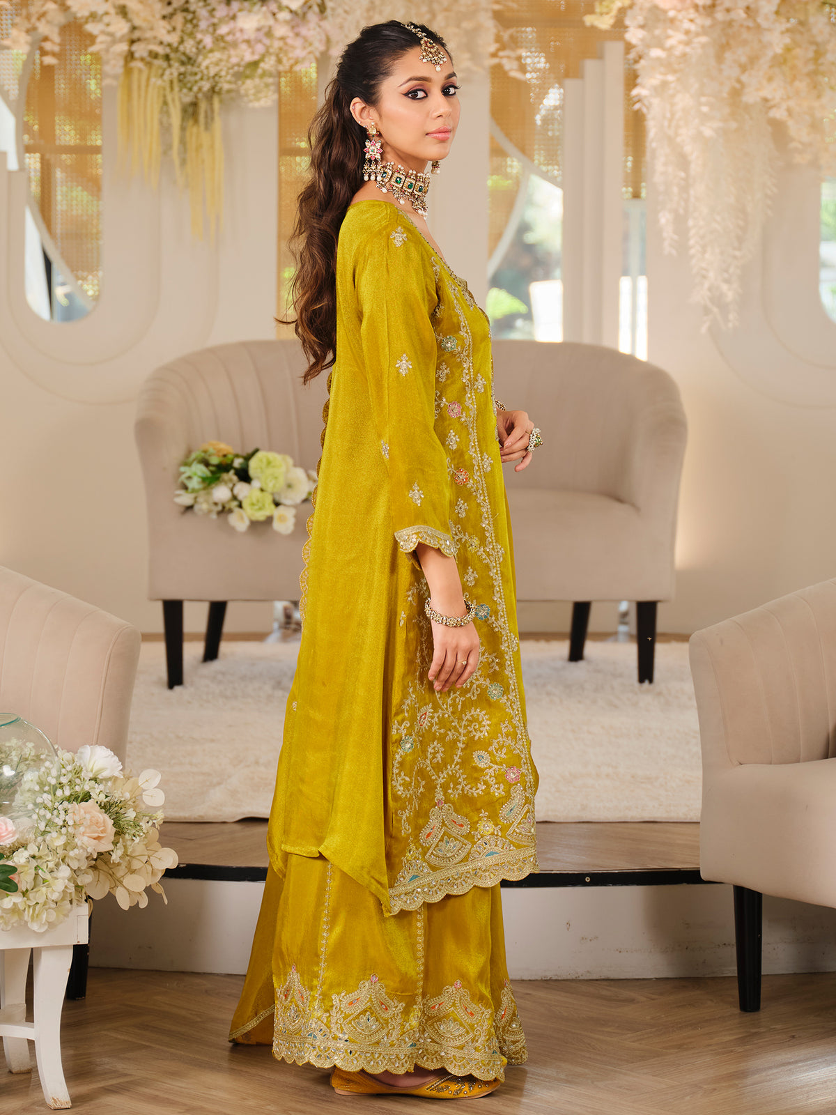 Mustard Embroidered A-Line Kurta Palazzos With Dupatta Set-ST9KH269