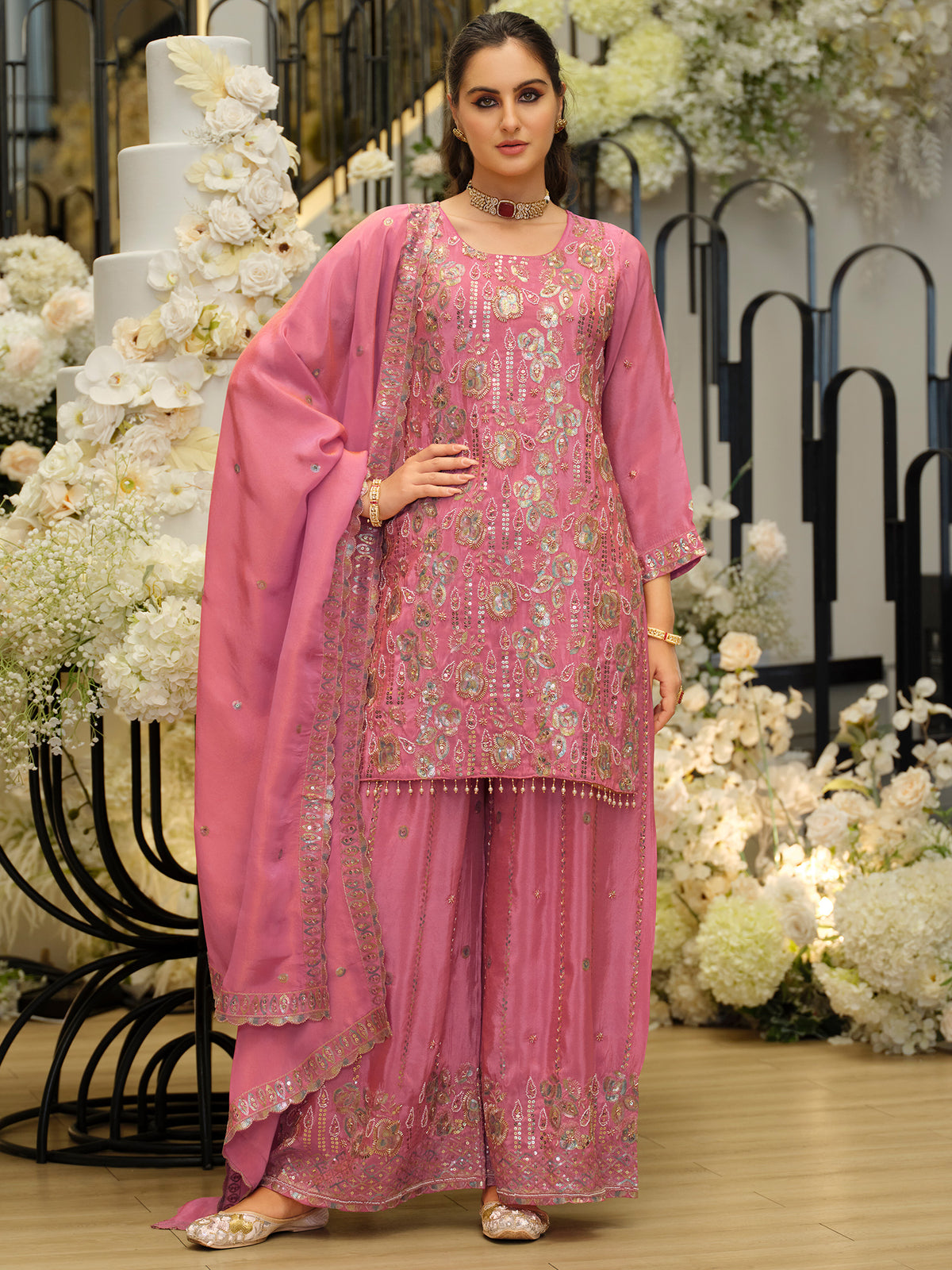 Pink Embroidered Straight Kurta Palazzos With Dupatta Set-ST9KH266