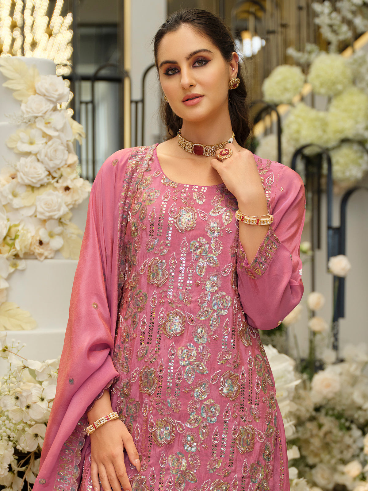 Pink Embroidered Straight Kurta Palazzos With Dupatta Set-ST9KH266