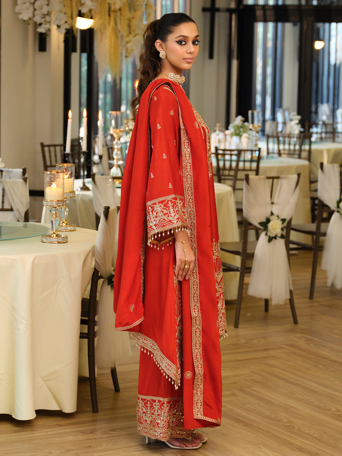 Rust Embroidered A-Line Kurta Palazzos With Dupatta Set-ST9KH308