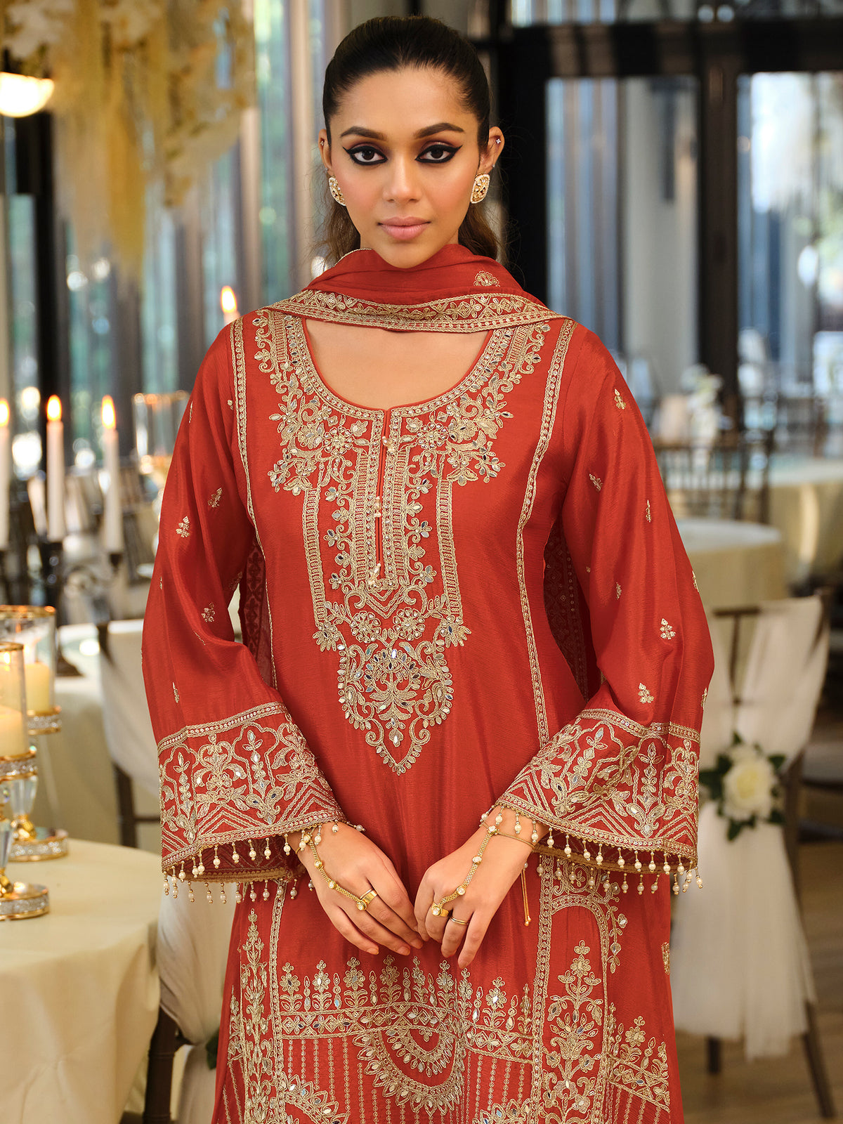Rust Embroidered A-Line Kurta Palazzos With Dupatta Set-ST9KH308