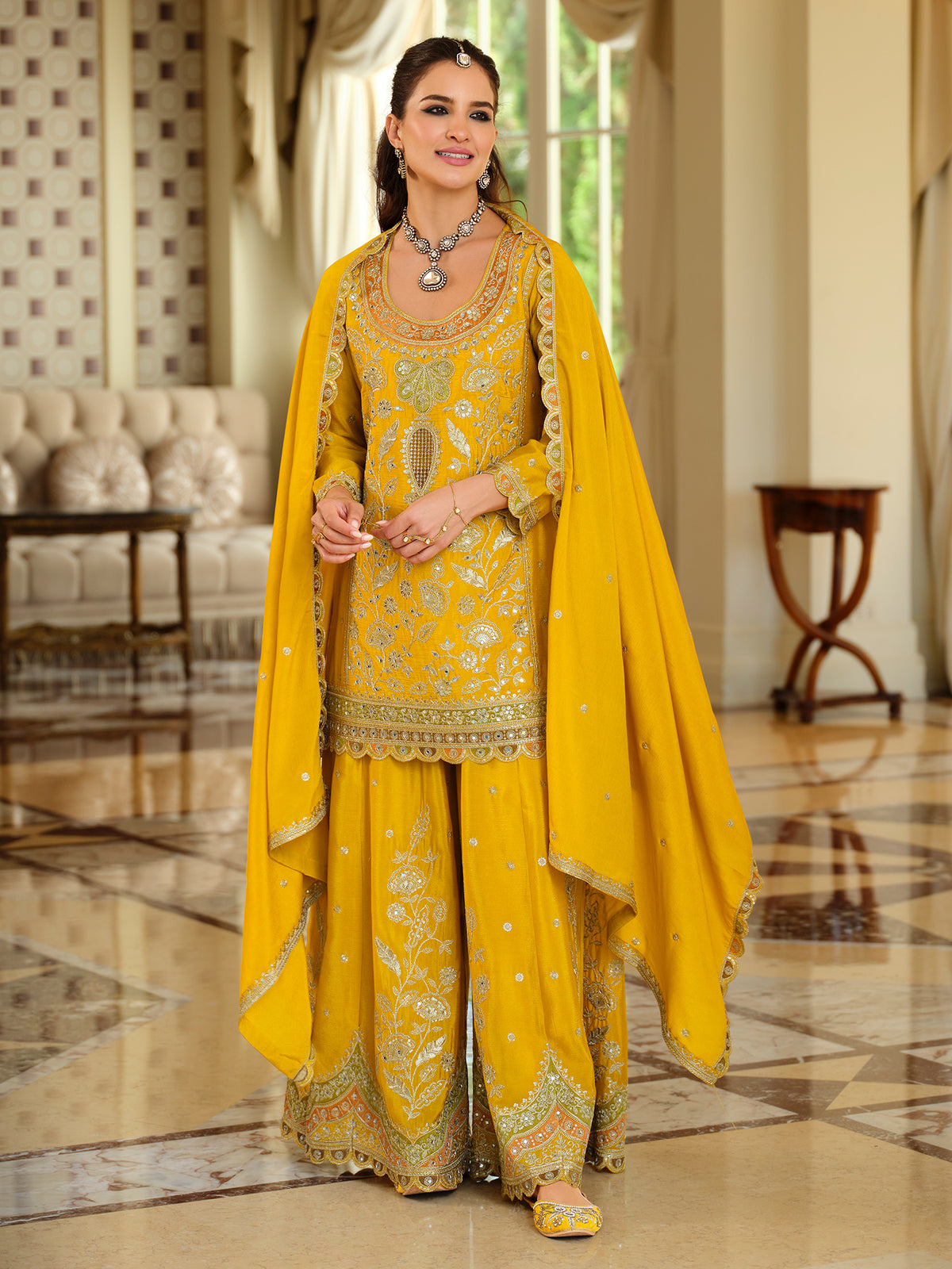 Yellow Embroidered Straight Kurta Palazzos With Dupatta Set-ST9KH272