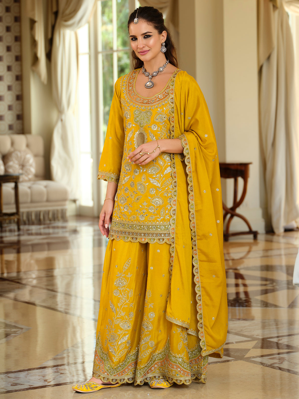Yellow Embroidered Straight Kurta Palazzos With Dupatta Set-ST9KH272