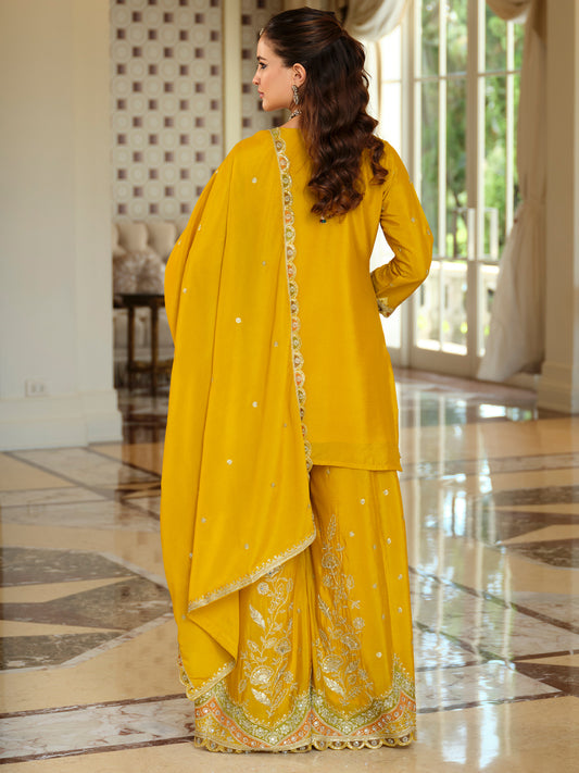 Yellow Embroidered Straight Kurta Palazzos With Dupatta Set-ST9KH272