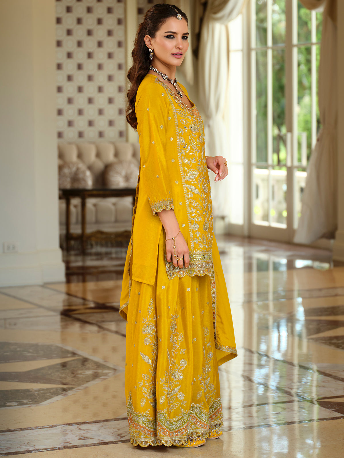 Yellow Embroidered Straight Kurta Palazzos With Dupatta Set-ST9KH272