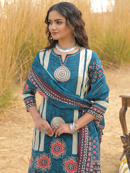 Blue Printed Straight Kurta Trousers With Dupatta Set-ST0KH337