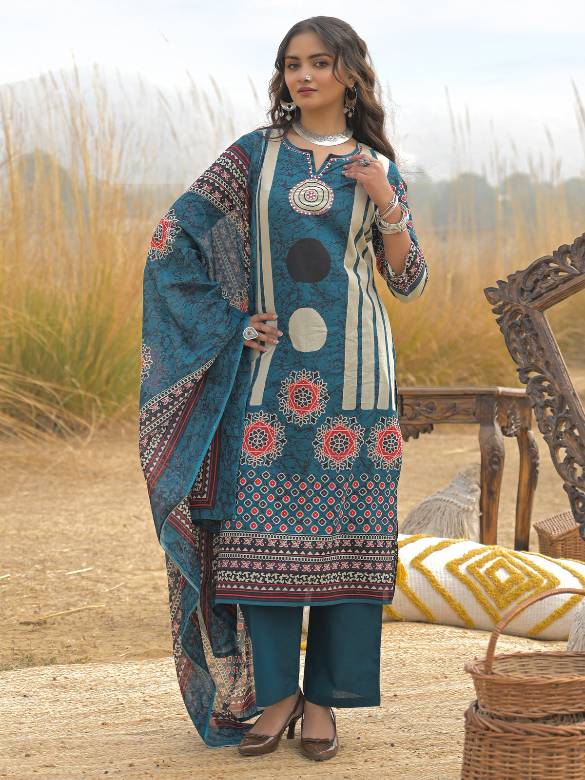 Blue Printed Straight Kurta Trousers With Dupatta Set-ST0KH337