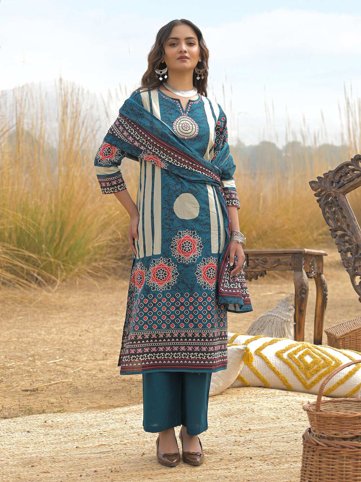 Blue Printed Straight Kurta Trousers With Dupatta Set-ST0KH337