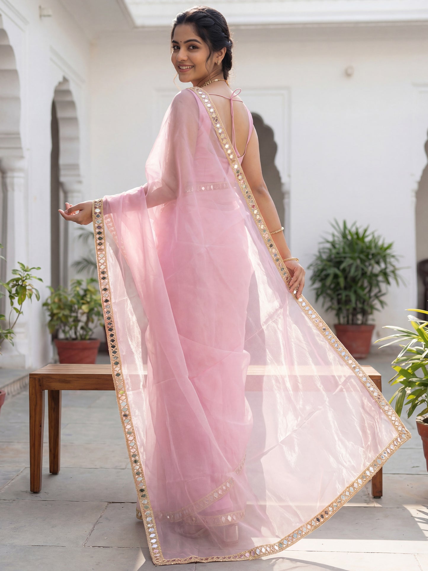 Women's Net Pink Embellished Designer Saree With Blouse Piece