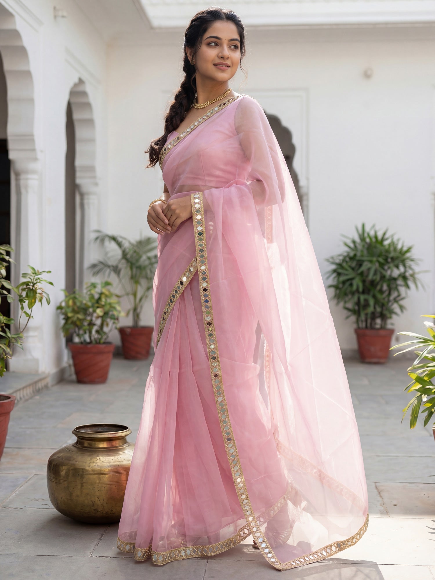 Women's Net Pink Embellished Designer Saree With Blouse Piece