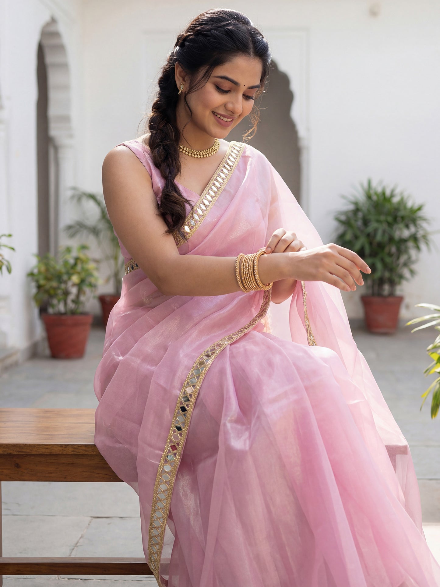 Women's Net Pink Embellished Designer Saree With Blouse Piece
