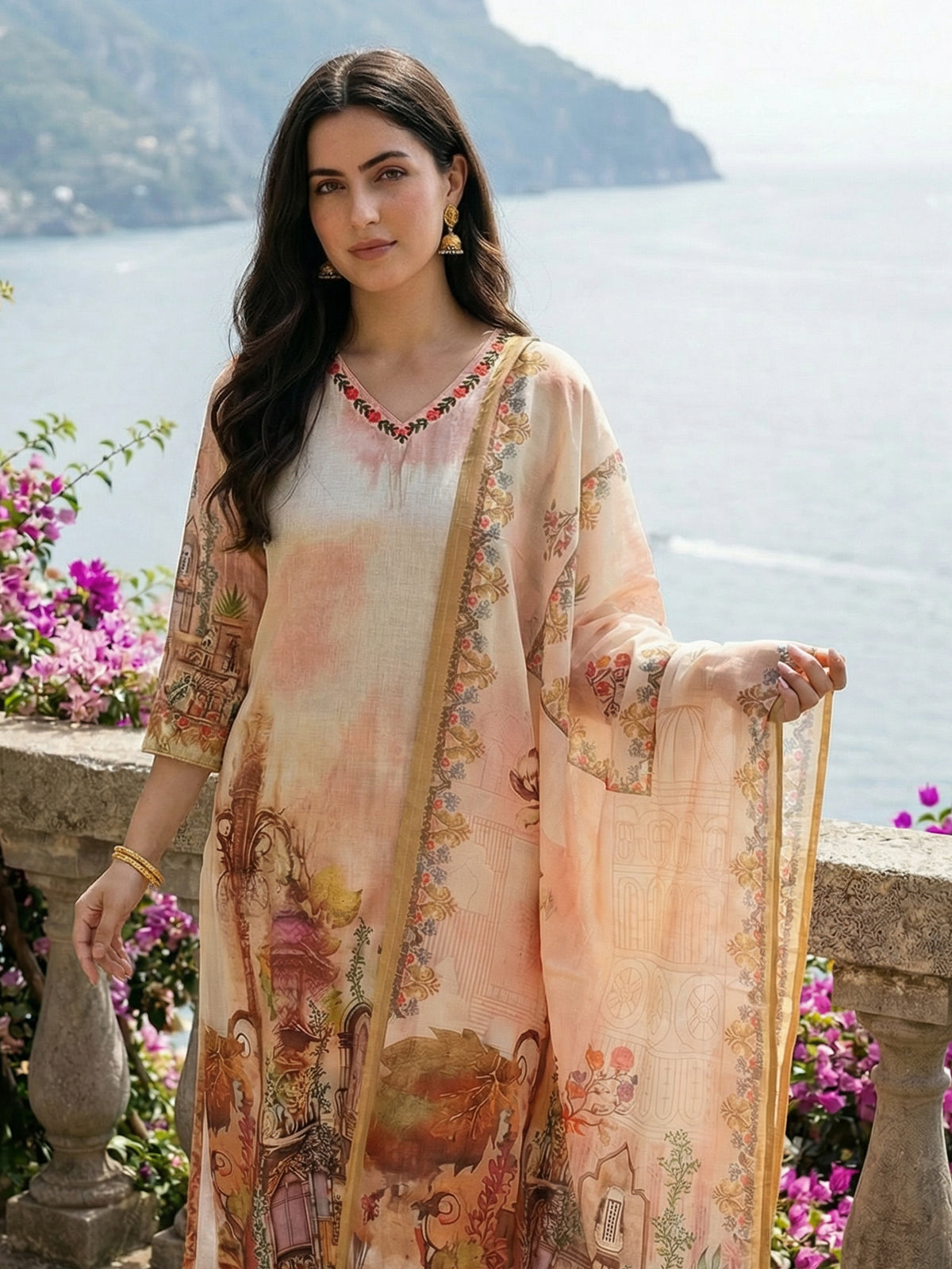 Off White Printed Straight Kurta Trousers With Dupatta set-KH5OW12257