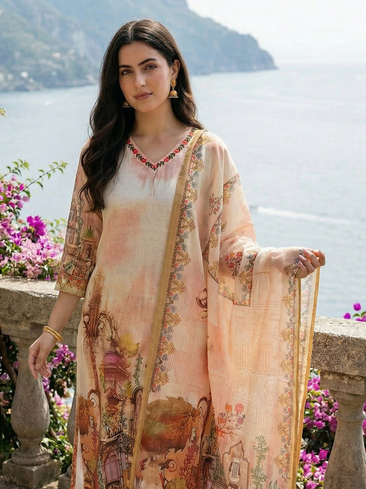 Off White Printed Straight Kurta Trousers With Dupatta set-KH5OW12257