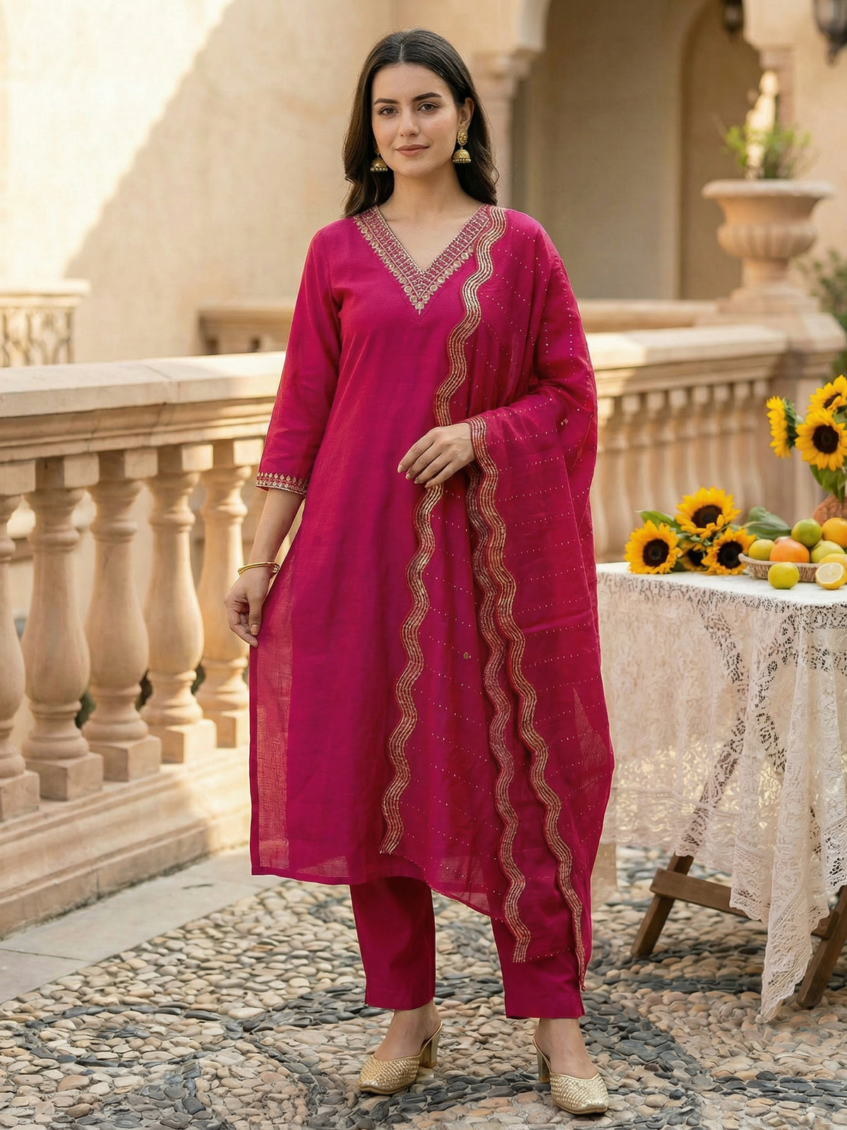 Pink Embroidered Straight Kurta Trousers With Dupatta Set-KH9RP12417