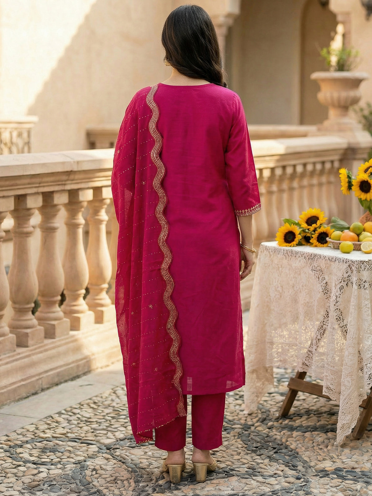 Pink Embroidered Straight Kurta Trousers With Dupatta Set-KH9RP12417