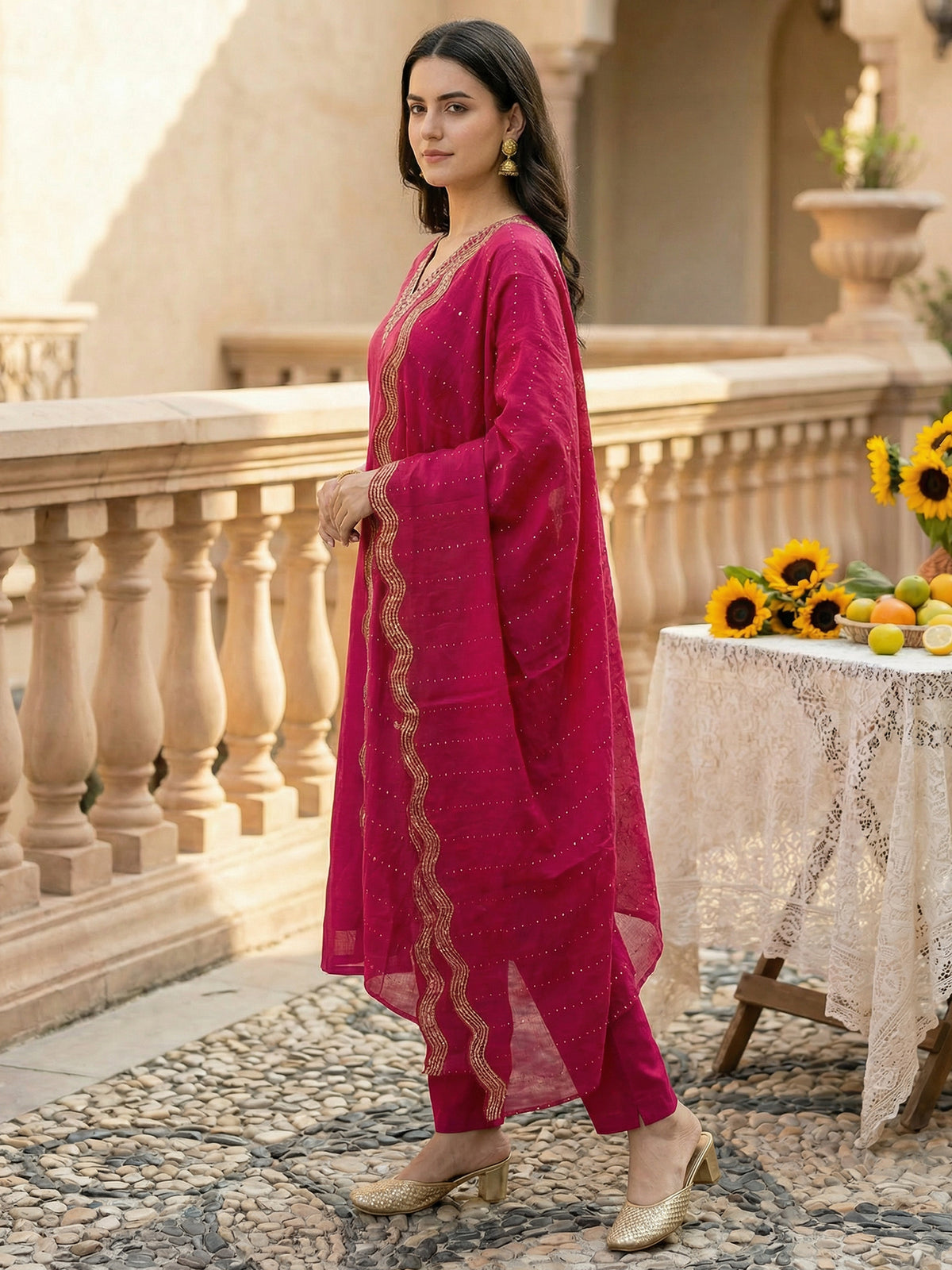 Pink Embroidered Straight Kurta Trousers With Dupatta Set-KH9RP12417