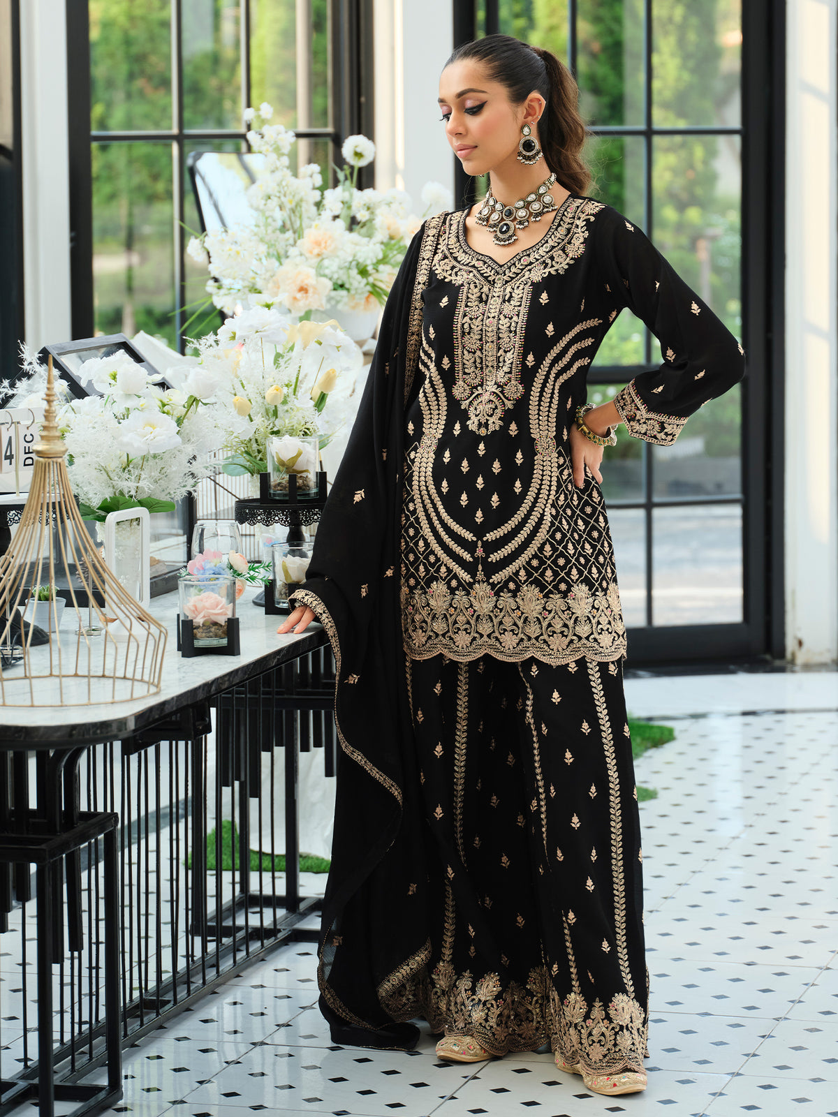 Black Embroidered Straight Kurta Palazzos With Dupatta Set-ST9KH274