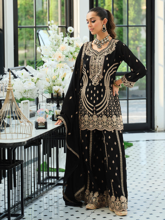 Black Embroidered Straight Kurta Palazzos With Dupatta Set-ST9KH274