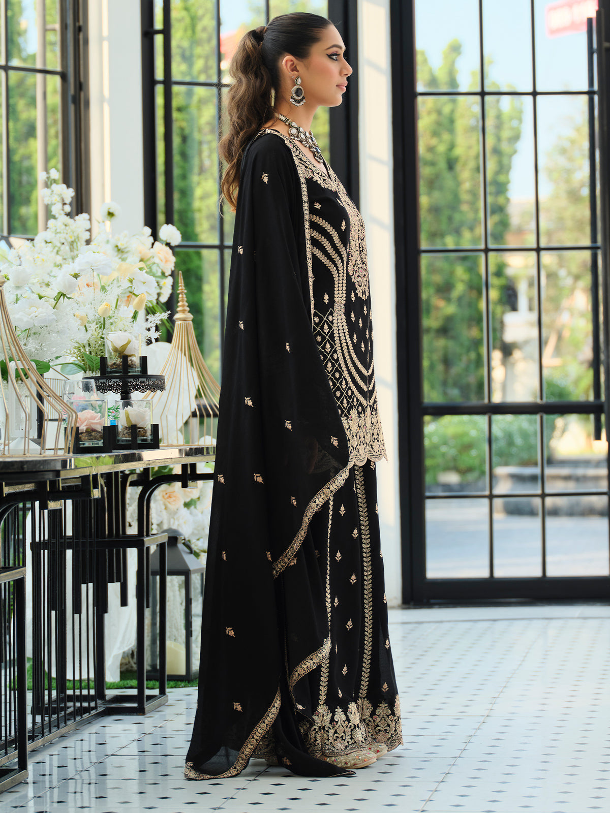 Black Embroidered Straight Kurta Palazzos With Dupatta Set-ST9KH274