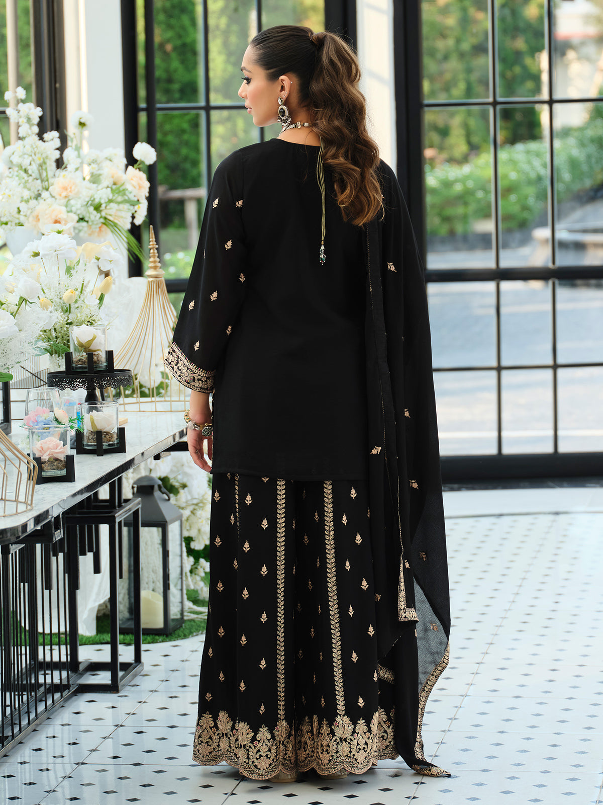 Black Embroidered Straight Kurta Palazzos With Dupatta Set-ST9KH274