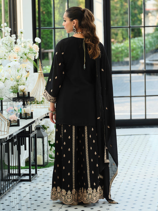 Black Embroidered Straight Kurta Palazzos With Dupatta Set-ST9KH274