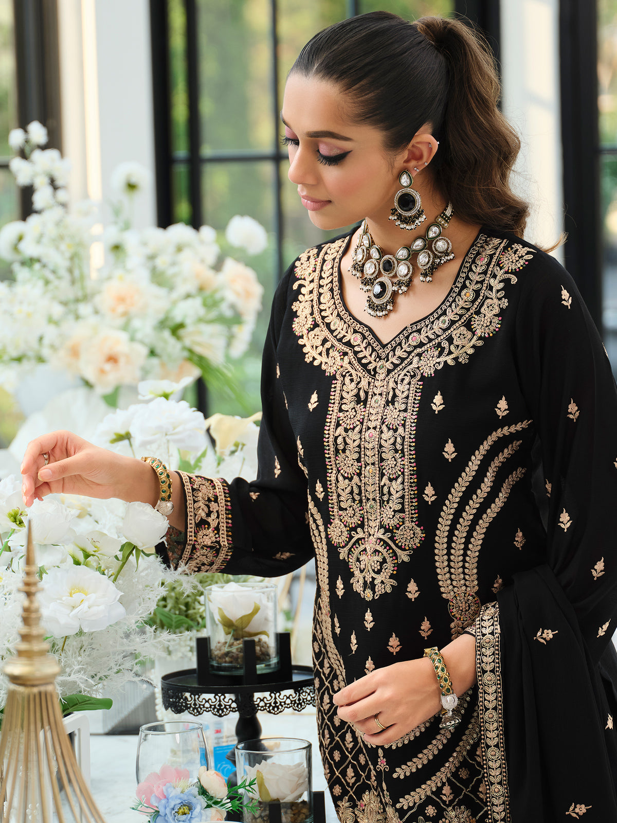 Black Embroidered Straight Kurta Palazzos With Dupatta Set-ST9KH274