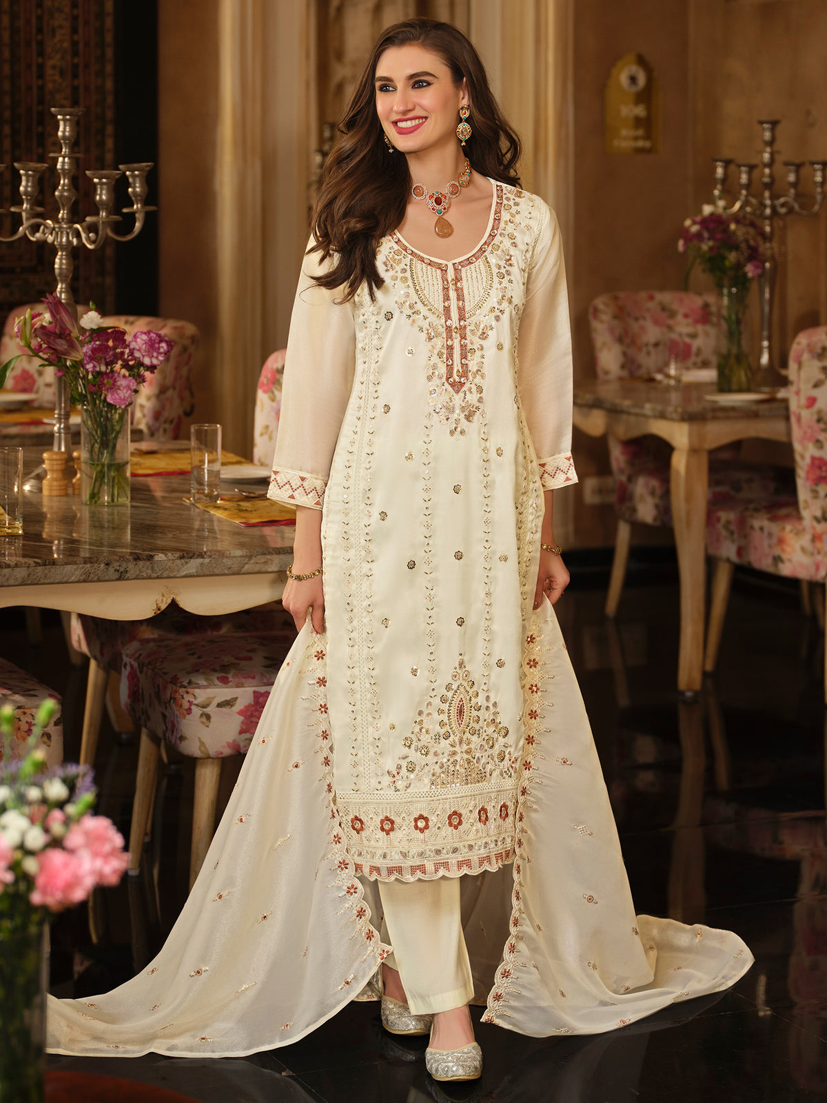 Cream Embroidered Straight Kurta Trousers With Dupatta Set-ST9KH403