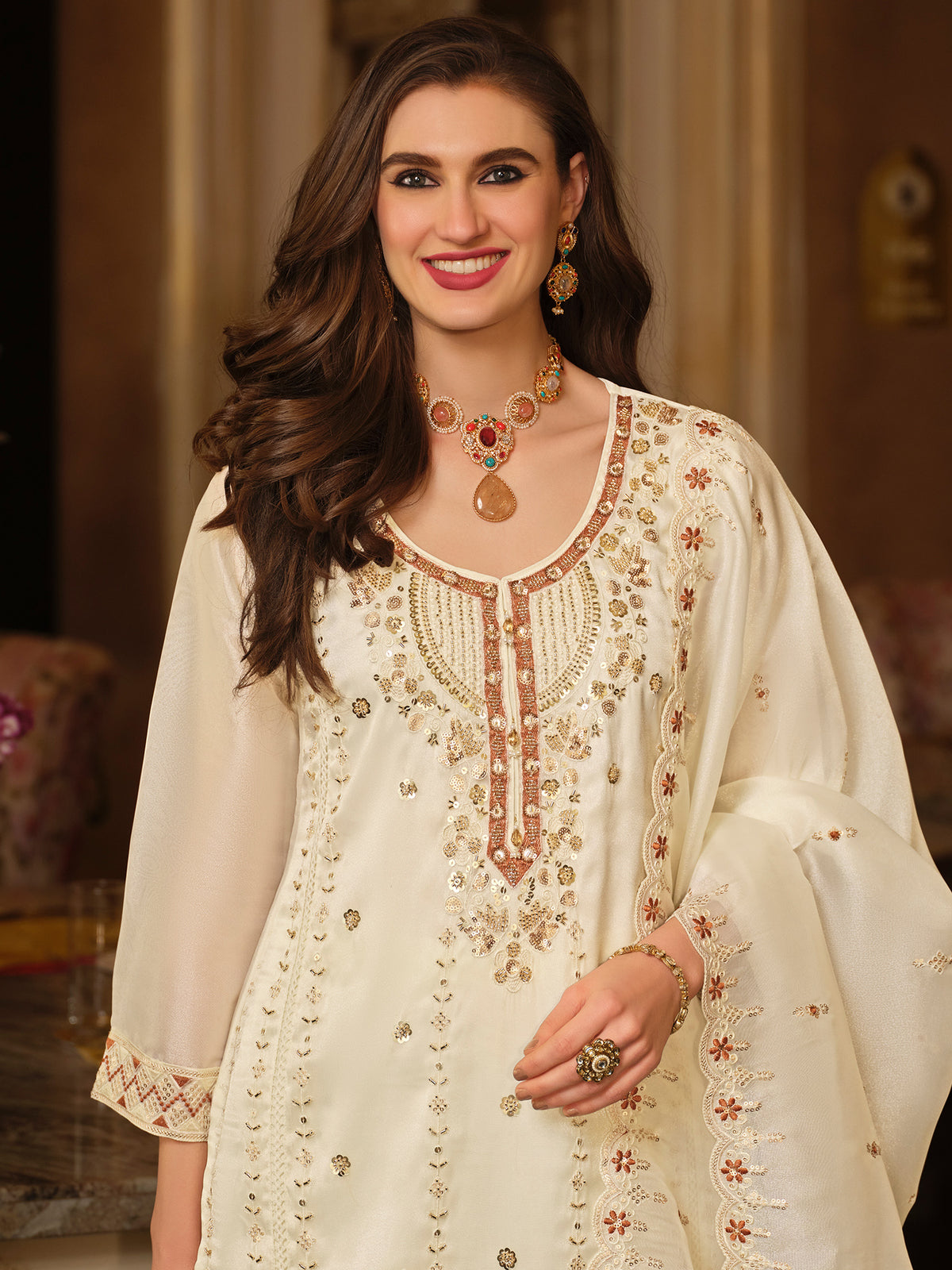 Cream Embroidered Straight Kurta Trousers With Dupatta Set-ST9KH403