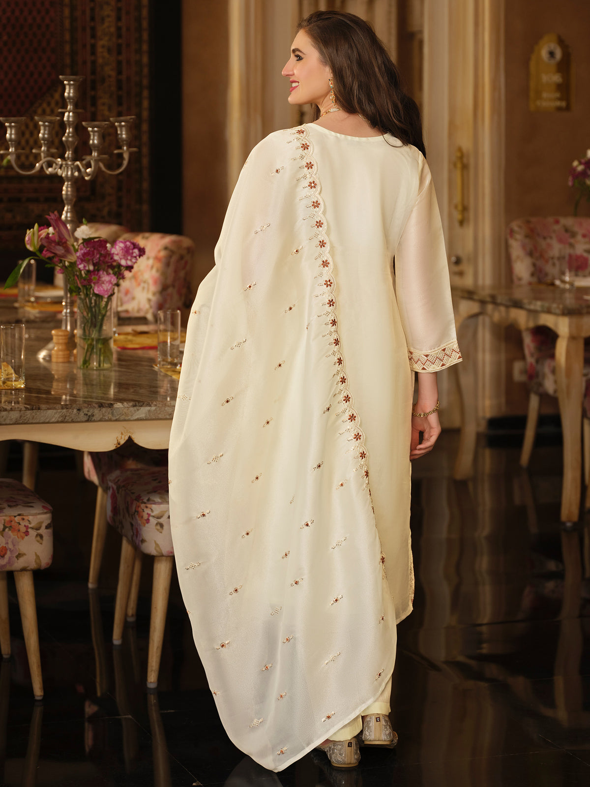 Cream Embroidered Straight Kurta Trousers With Dupatta Set-ST9KH403