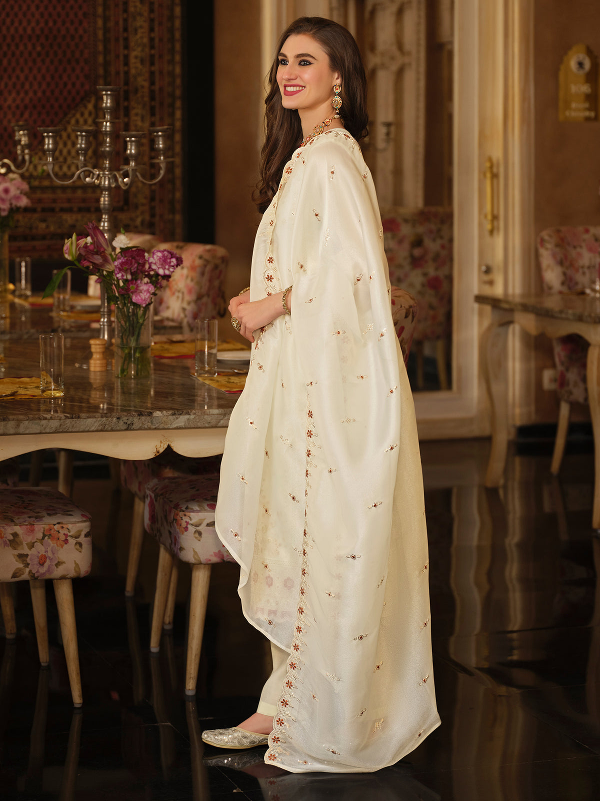 Cream Embroidered Straight Kurta Trousers With Dupatta Set-ST9KH403