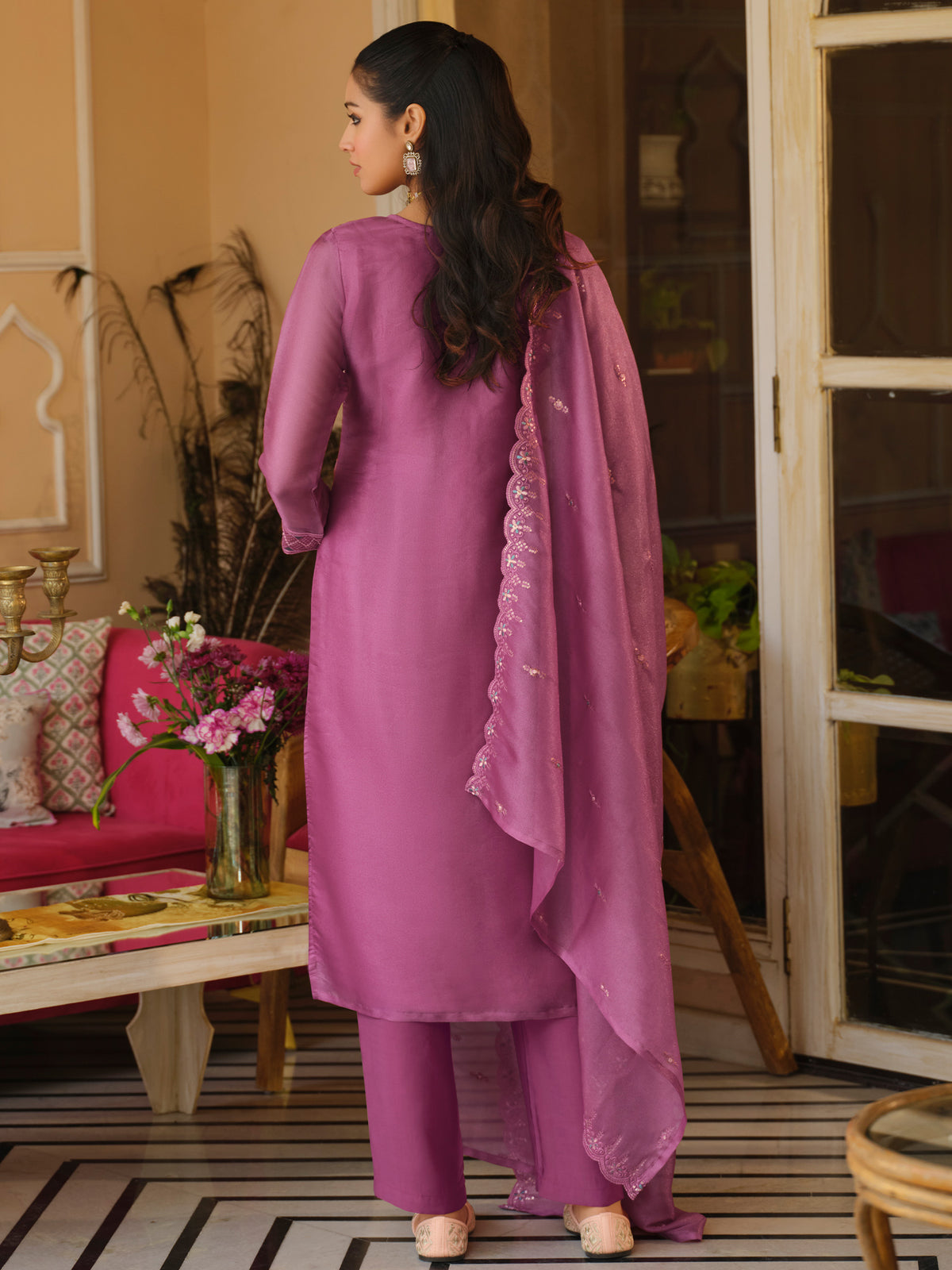 Pink Embroidered Straight Kurta Trousers With Dupatta Set-ST9KH404