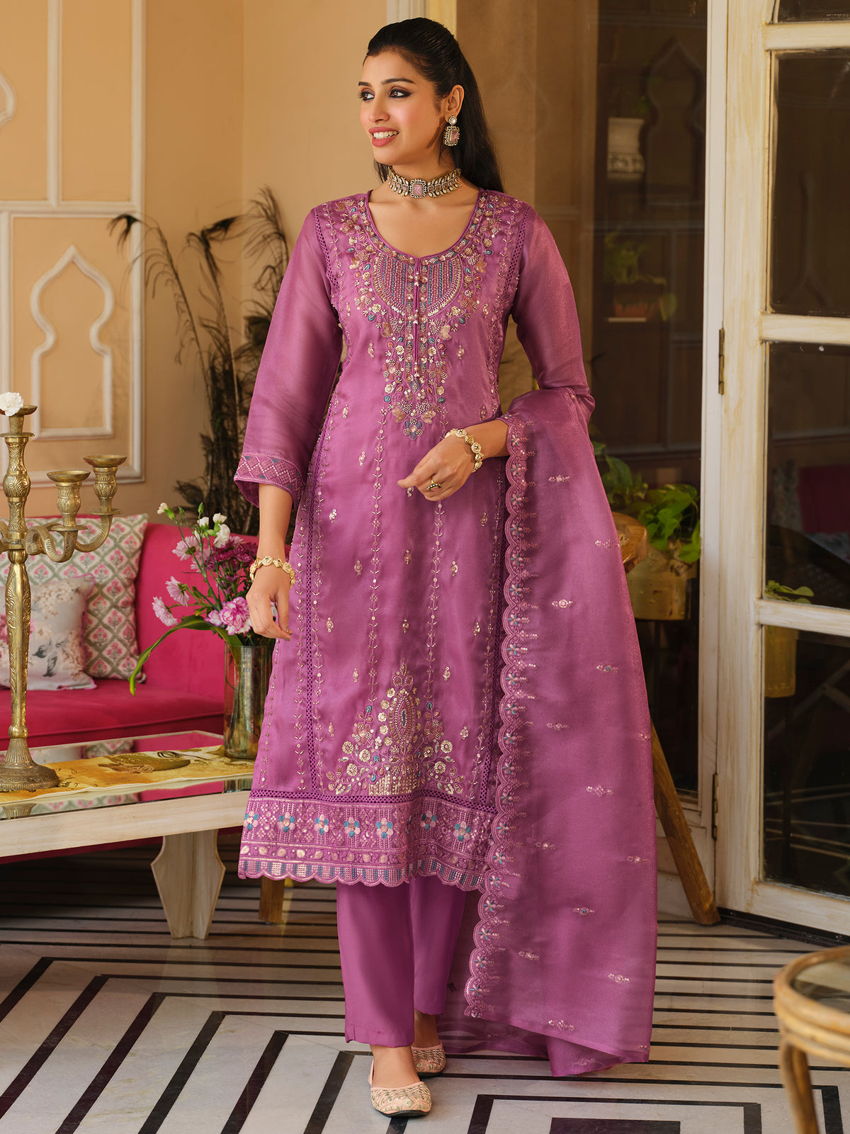 Pink Embroidered Straight Kurta Trousers With Dupatta Set-ST9KH404