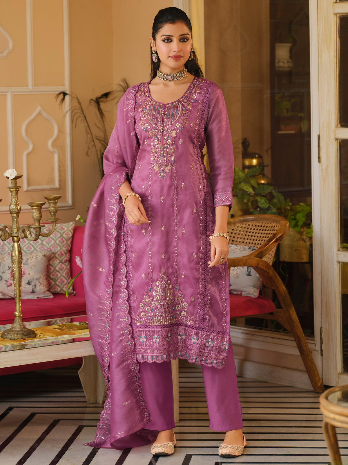 Pink Embroidered Straight Kurta Trousers With Dupatta Set-ST9KH404