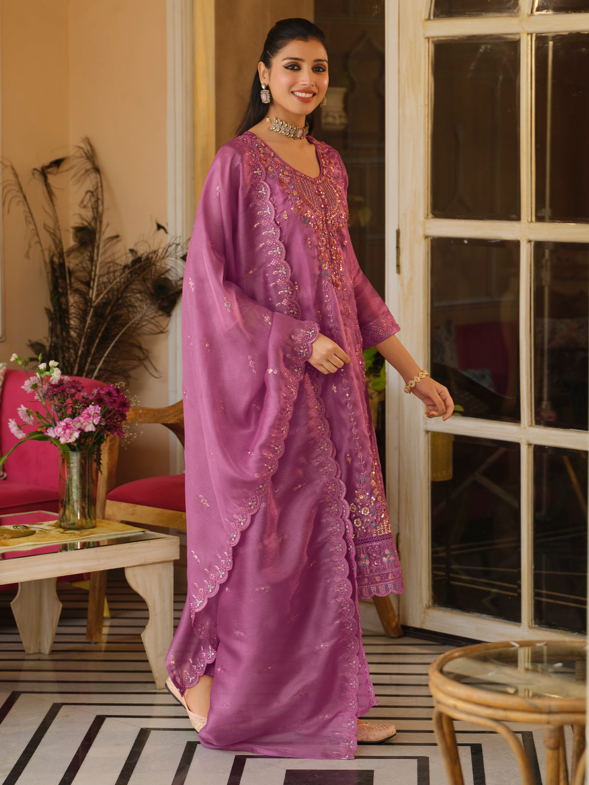 Pink Embroidered Straight Kurta Trousers With Dupatta Set-ST9KH404