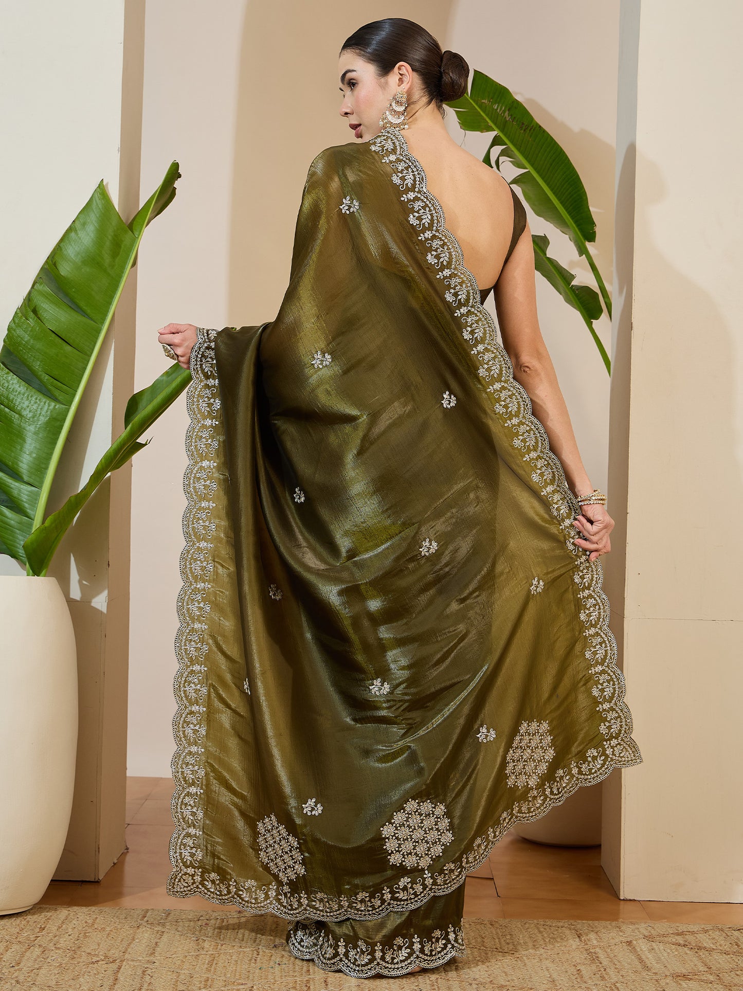 Women's Tissue Green Zari Embroidered Designer Saree With Blouse Piece