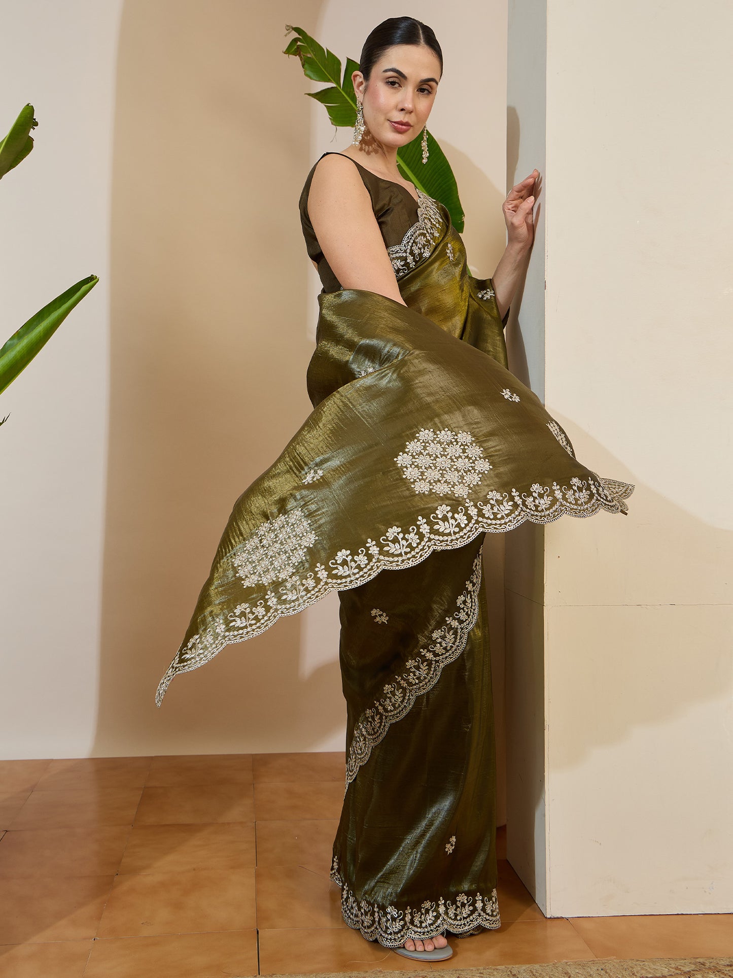 Women's Tissue Green Zari Embroidered Designer Saree With Blouse Piece