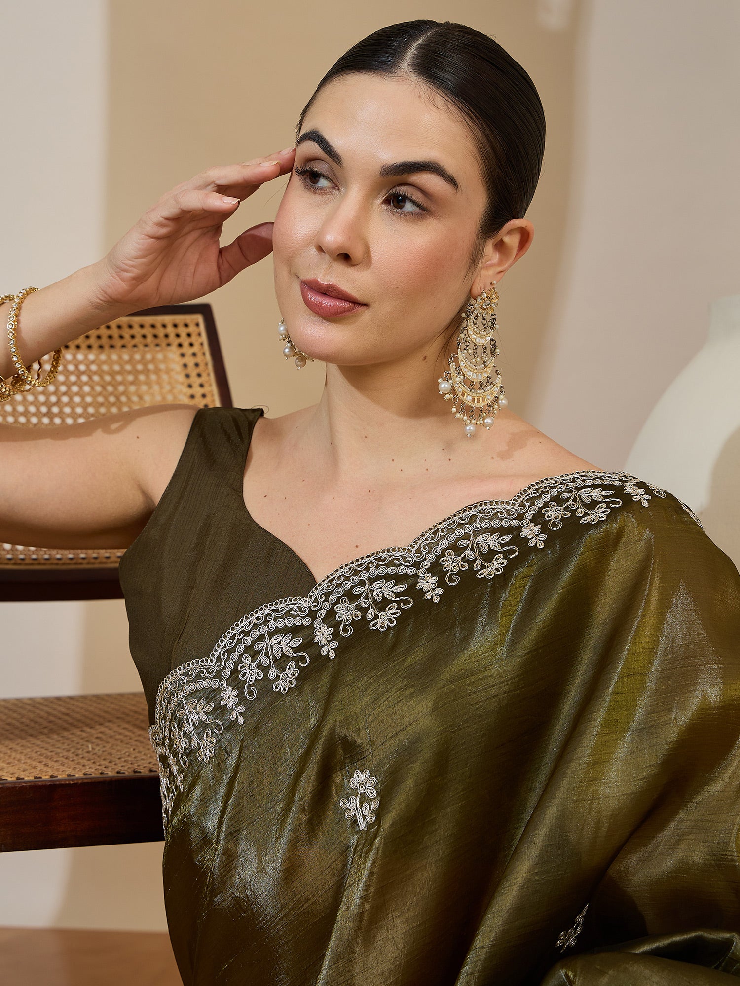 Women's Tissue Green Zari Embroidered Designer Saree With Blouse Piece