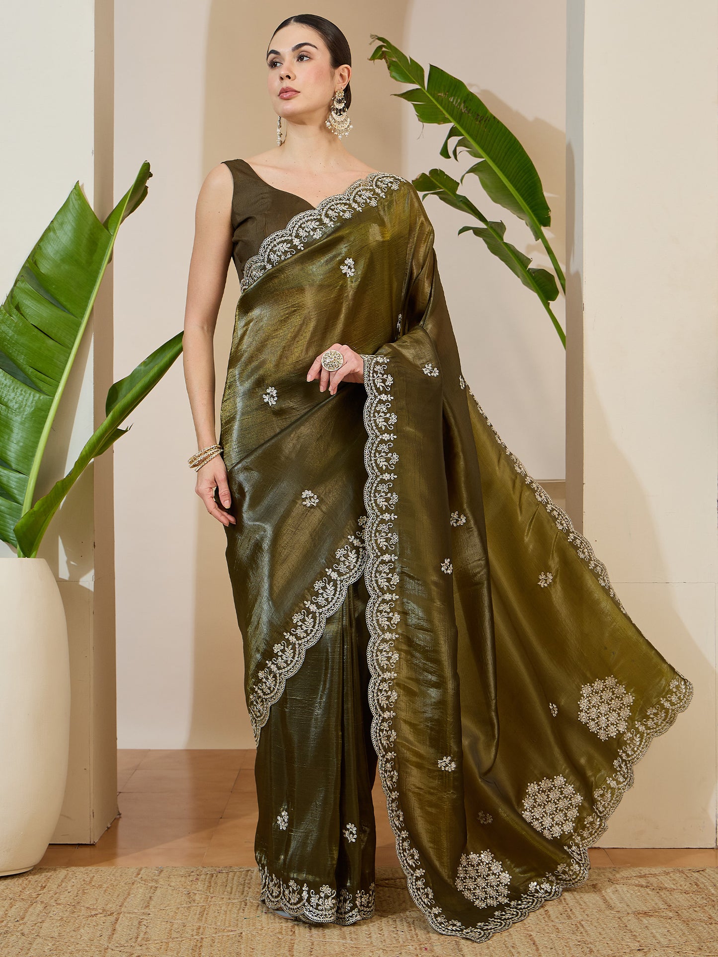 Women's Tissue Green Zari Embroidered Designer Saree With Blouse Piece