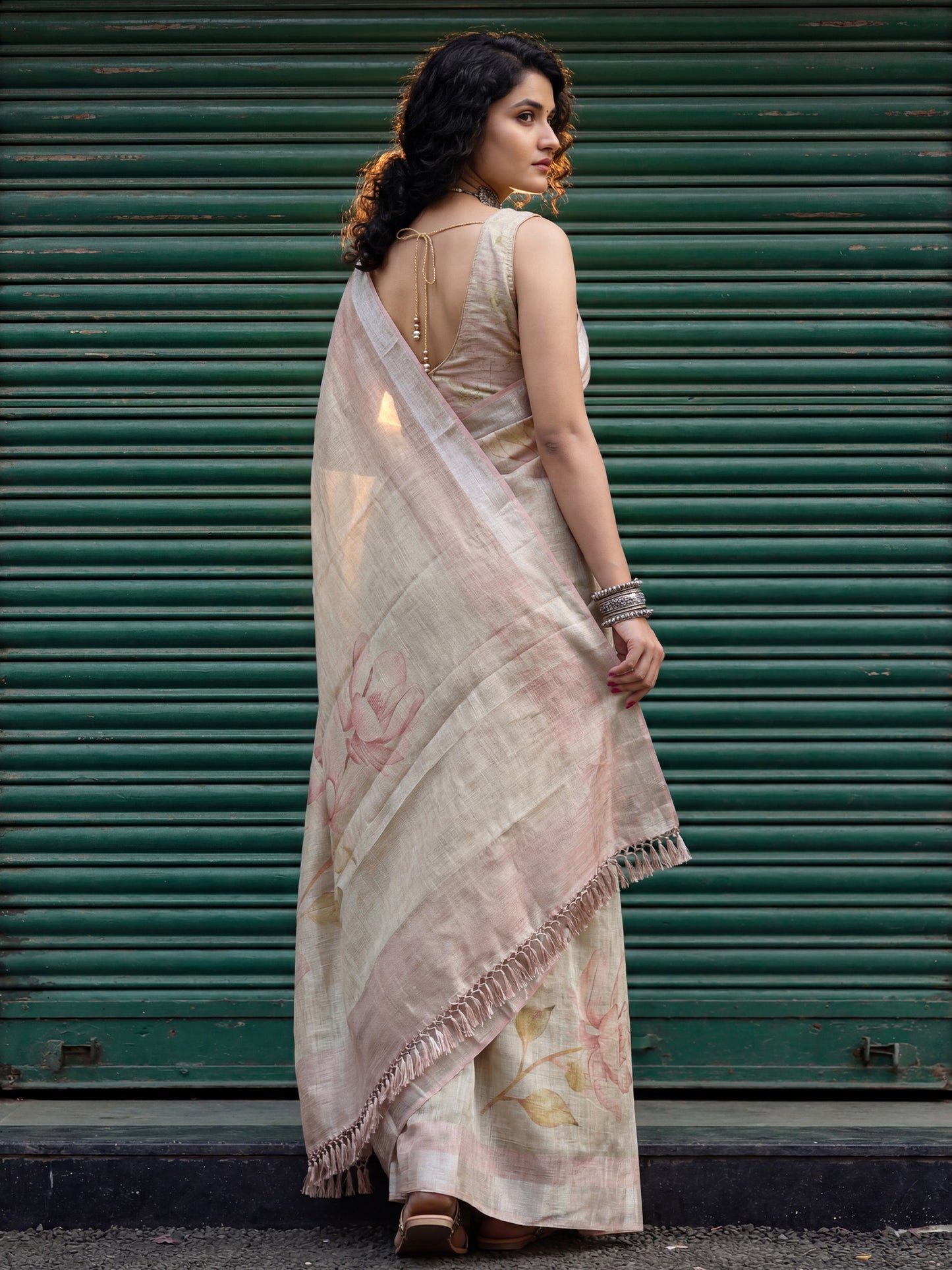 Women's Cotton Silk Beige Digital Print Designer Saree With Blouse Piece