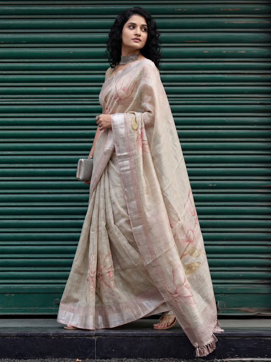 Women's Cotton Silk Beige Digital Print Designer Saree With Blouse Piece