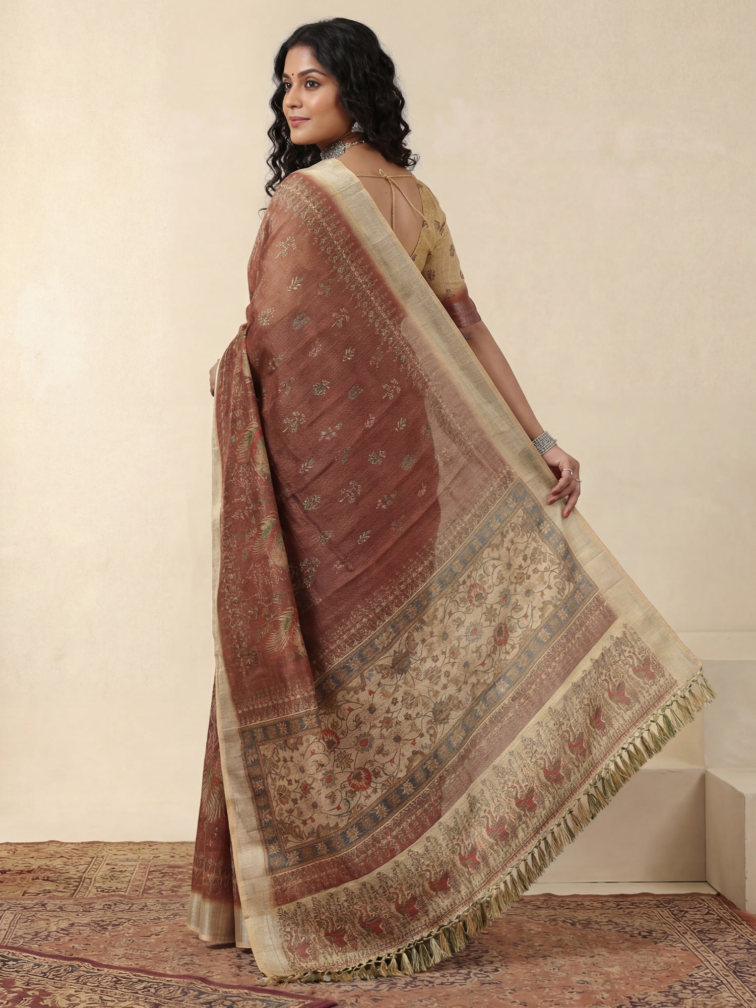 Women's Cotton Silk Coffee Brown Digital Print Designer Saree With Blouse Piece