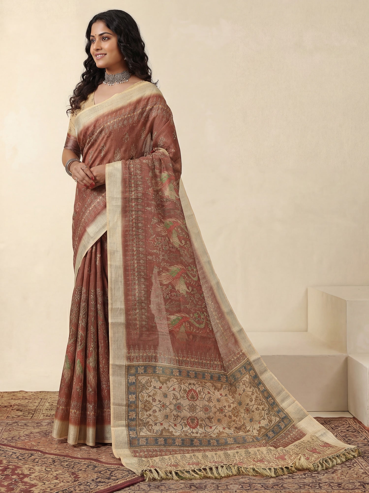 Women's Cotton Silk Coffee Brown Digital Print Designer Saree With Blouse Piece
