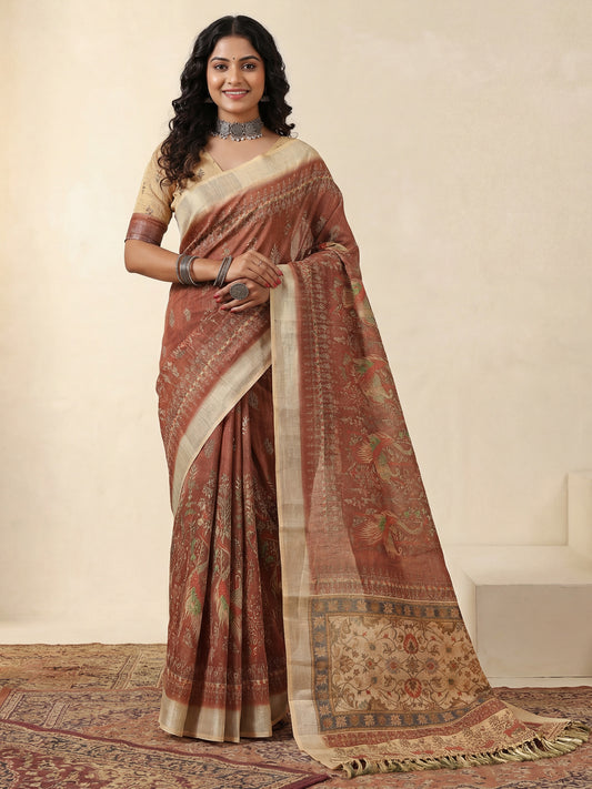 Women's Cotton Silk Coffee Brown Digital Print Designer Saree With Blouse Piece