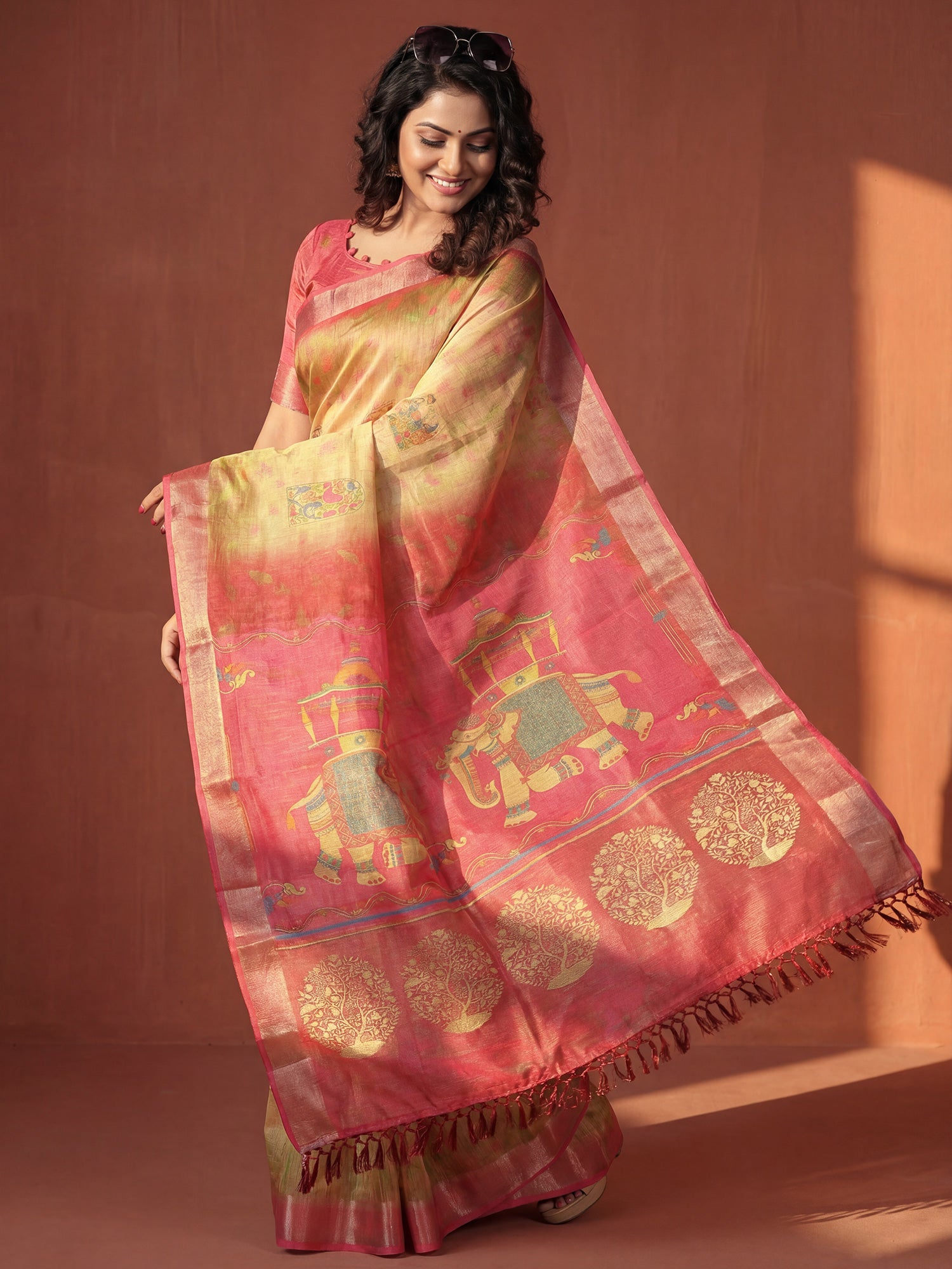 Women's Cotton Silk Yellow Digital Print Designer Saree With Blouse Piece